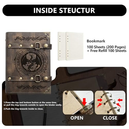 DUROTAN DND Notebook Journal Refillable Leather A5 Binder 400 Pages | For Dungeons and Dragons Gifts D&D Accessories for dm players Men&Women(3-Khaki-Dragon Totem) - color: 3-Khaki-Dragon Totem