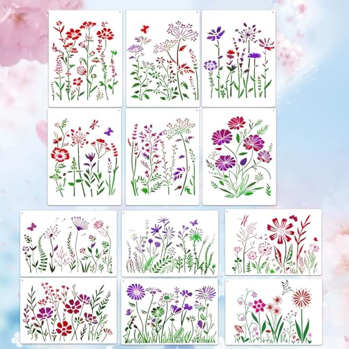 12 Pcs Large Wildflower Stencils, Reusable Floral Tempate for DIY Furniture Decor, Wild Flower Stencil for Painting on Wood DIY Crafts Canvas Wall Fabric(Wildflower) - style: Wildflower