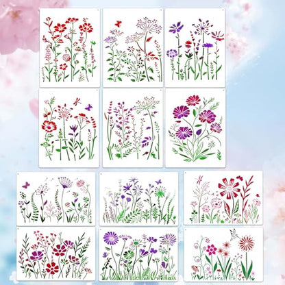 12 Pcs Large Wildflower Stencils, Reusable Floral Tempate for DIY Furniture Decor, Wild Flower Stencil for Painting on Wood DIY Crafts Canvas Wall Fabric(Wildflower) - style: Wildflower