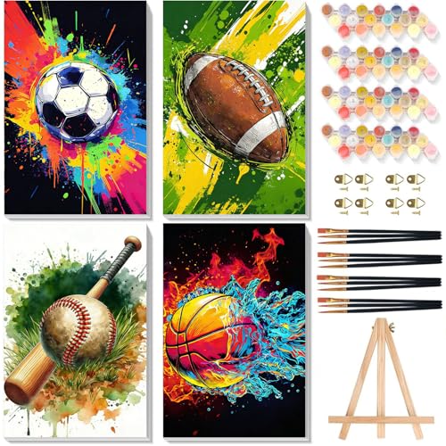 4 Pack Paint by Numbers for Beginners with Framed Canvas - with Wooden Easel, Ball Sports Paint by Number, Easy Cartoon Acrylic Oil Painting Kits on Canvas with Brushes for Home Wall Decor (8x12 inch) - color: BKH2202+BKH2203+BKH2204+BKH2205