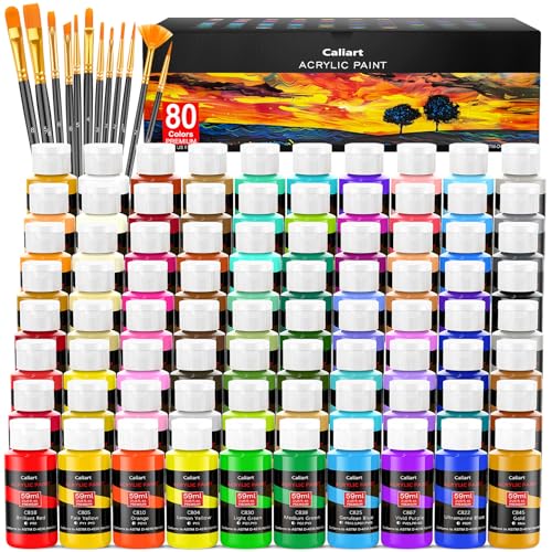 Caliart 80 Colors Acrylic Paint Set with 12 Brushes | Craft Painting kit for Adults Artists Beginners, Rich Pigment Non-toxic, Canvas Wood Rock Pumpkin Ceramic Art Supplies Paint - color: Regular, size: 2 Fl Oz (Pack of 80)
