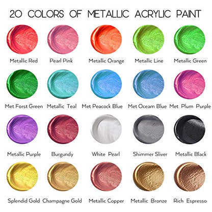 HissiCo Metallic Acrylic Paint Set of Premium 20 Colors, Professional Grade Metallic Paint with 2fl oz（60ml） Bottles, Non-Toxic, Rich Pigments - For Artists, Hobby Painters, Kids - style: 20 Colors