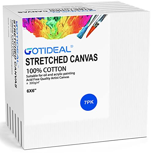 GOTIDEAL Stretched Canvases for Painting, 6x6" Inch Set of 7, Primed White - 100% Cotton Blank Art Square Canvas Boards for Painting for Acrylic Pouring, Oil Paint Dry & Wet Art Media - color: White, size: 6"x6"
