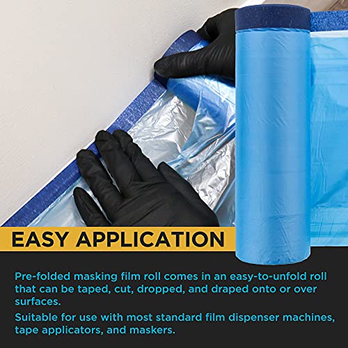 Dura-Gold 71" x 65' Pure Blue Pre-Taped Masking Film, (3 Pack) Painters Plastic Roll (0.4 Mil), Pull Down Drop Sheet, Pre-Taped Plastic Sheeting for Painting Protection on Auto, Walls, Furniture