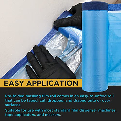 Dura-Gold 71" x 65' Pure Blue Pre-Taped Masking Film, (3 Pack) Painters Plastic Roll (0.4 Mil), Pull Down Drop Sheet, Pre-Taped Plastic Sheeting for Painting Protection on Auto, Walls, Furniture
