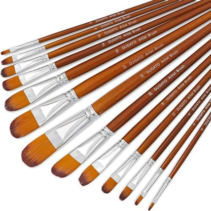 DUGATO Filbert Paint Brush Set, 13-Piece Nylon Hair with Long Wood Handle | 13 Artist Brushes for Acrylic Oil Painting, Soft Anti-Shedding Bristle, Assorted Sizes #0 to #24 for Canvas Blending
