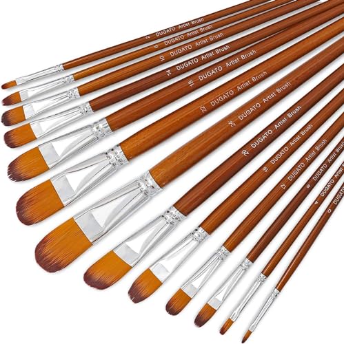DUGATO Filbert Paint Brush Set, 13-Piece Nylon Hair with Long Wood Handle | 13 Artist Brushes for Acrylic Oil Painting, Soft Anti-Shedding Bristle, Assorted Sizes #0 to #24 for Canvas Blending