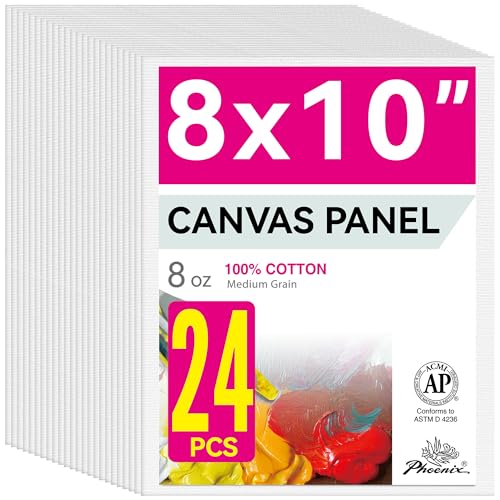 PHOENIX Painting Canvas Panels 8x10 Inch, 24 Bulk Pack - 8 Oz Triple Primed 100% Cotton Acid Free Canvases for Painting, White Blank Flat Canvas Boards for Acrylic, Oil Paints - color: White - Bulk Pack, size: 8" x 10"