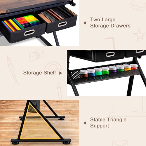 ZENY Adjustable Drafting Table with Stool, Tilting Drawing Desk Artist Table with Storage Drawers, Art Craft Workstation for Home Office Reading, Writing, Crafting - color: Retro-with Outlet