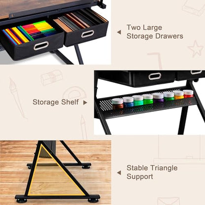 ZENY Adjustable Drafting Table with Stool, Tilting Drawing Desk Artist Table with Storage Drawers, Art Craft Workstation for Home Office Reading, Writing, Crafting - color: Retro-with Outlet