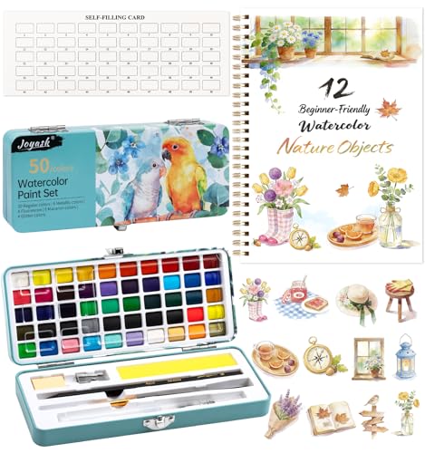 Watercolor Workbook, Water Coloring Book, 12 Different Patterns of Original DIY Designs, 50 Colors Watercolor Paint Set with Palette and Brush, Beginner-Friendly Watercolor Workbooks (Nature Objects) - color: Nature Objects