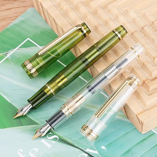 Jinhao 82 Acrylic Fountain Pen, Iridium Extra Fine Nib with Ink Converter, Transparent Olive Green Classic Design Smooth Writing Pen (Gold Trim) - color: Olive Green Clear (Gold Trim), style: Extra Fine (0.38 mm)