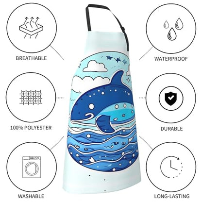 Round watercolor painting Heavy Duty Waterproof Apron with Pockets for AdultsResistant Grilling, Gardening, Painting - color: Small Whale Swimming