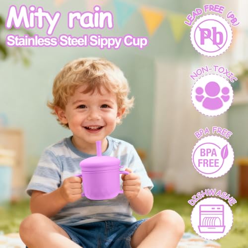 Mity rain 3-In-1 Stainless Steel Sippy Cup for 6+ Month Old, Baby Straw Cups for Toddlers 1-3 with Travel Lid, Silicone Straw, Replacement Straw & Cleaning Brush - 8oz Toddler Cups Spill Proof Set - color: Purple