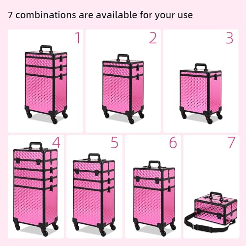 Somduy Rolling Makeup Case, Makeup Train Case with Lid, 5 in 1 Cosmetology Case on Wheels, Christmas Gift, Large Makeup Organizers, Profesional Cosmetic Case for Salon Barber, Rose Red - color: Rose Red