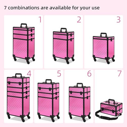 Somduy Rolling Makeup Case, Makeup Train Case with Lid, 5 in 1 Cosmetology Case on Wheels, Christmas Gift, Large Makeup Organizers, Profesional Cosmetic Case for Salon Barber, Rose Red - color: Rose Red