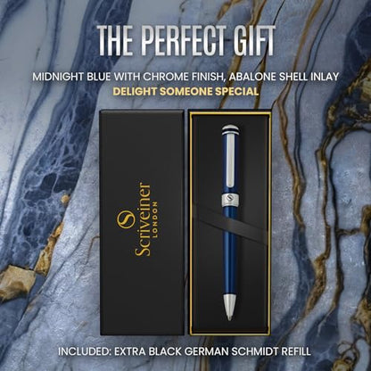 Scriveiner Midnight Blue Ballpoint Pen - Stunning Blue Lacquer Luxury Pen, Chrome Finish, Schmidt Black Refill, Best Ball Pen Gift Set for Men & Women, Professional Executive Office, Nice Designer Pen - color: 6. Midnight Blue with Chrome