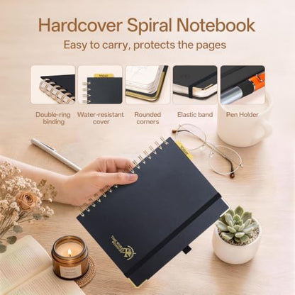 POPRUN Graph Paper Spiral Journal Notebook, [A5-5.75'' x 8.25''] - 120 GSM Thick Paper, 141 Numbered Pages, Grid Notebooks for Men & Women with Pocket, Index Tabs, 8 Perforated Sheets,Black - color: Black, style: Grid