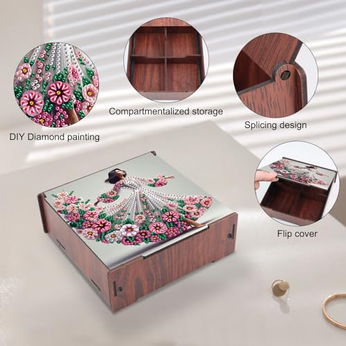 DIY Diamond Art Storage Box, Flower Lady Design Wooden Diamond Painting Case with Flip-Top Lid and 4 Divided Compartments, Desktop Craft, Jewelry and Accessories Supplies Storage Container - color: Flower Lady