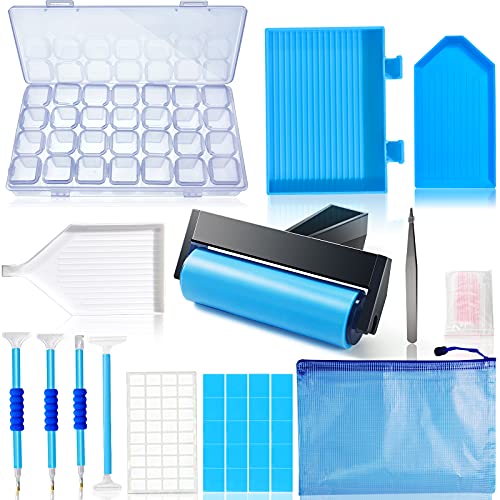 Hulameda 56pcs 5D Diamond Painting Tools, Diamond Painting Accessories with 28 Grids Diamond Embroidery Box and Diamond Painting Roller for Kids and Adult(Blue) - color: blue