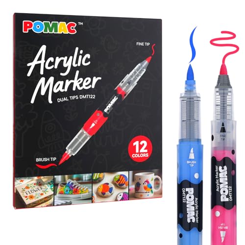 POMAC Dual Tip Acrylic Paint Markers Pens 12 Assorted Colors, Direct Liquid Acrylic Marker with Brush & Fine Tip, Water-Based Paint Marker for Fabric, Canvas, Rock, Glass, Wood, Crafts, Art Supplies - color: 12 Colors