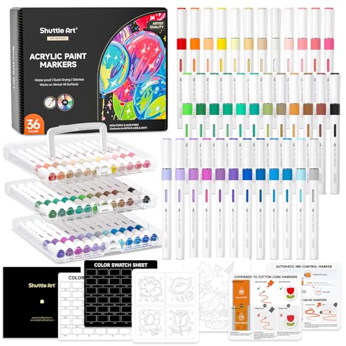 Shuttle Art Automatic Ink Control Acrylic Paint Markers, 36 Colors Brush Tip Acrylic Paint Pens for Rock Painting, Ceramic, Wood, Canvas, Glass, Stone, Fabric, Card, DIY Football Crafts - color: 36 Colors Brush Tip