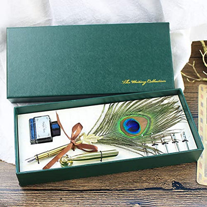 Peacock Feather Quill Pen Set- Vintage Writing Feather Calligraphy Pen with Pen Holder, as Birthday Xmas Gift