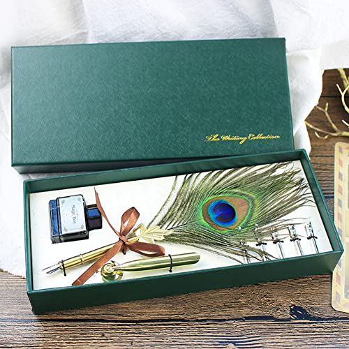 Peacock Feather Quill Pen Set- Vintage Writing Feather Calligraphy Pen with Pen Holder, as Birthday Xmas Gift