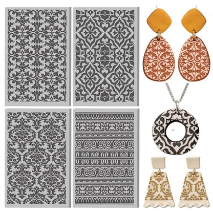 4 Pcs Retro Pattern Polymer Clay Texture Sheet Rubber Clay Texture Mat for Polymer Clays Making Earrings Jewelry DIY Crafts, 4 × 2.5 Inch - color: Retro Pattern