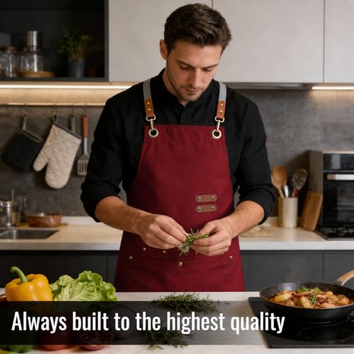 Aoomzoon Durable Kitchen Apron,Multifunctional Chef Aprons for Women & Men with Pockets for Cooking Baking & Daily Use - color: Red
