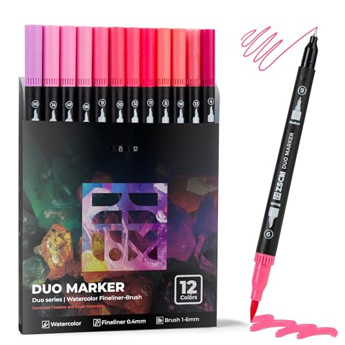 ZSCM Pink Duo Tip Marker Pens, 12 Pack Fine & Brush Markers for Adult Coloring Books No Bleeding, Blushing Pink Markers for Romantic Illustrations, Floral Designs, Cute Doodling and Lettering - color: 12 Pink