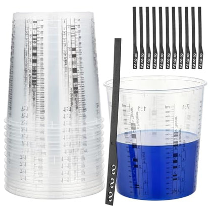 Gartful 12 Pack 61oz Clear Plastic Measuring Cups with 12 Stir Sticks, Disposable Graduated Mixing Cups with ml Scale & 3-Column Paint/Hardener/Thinner Mixing Ratios (1:1-7:1) for Epoxy Resin, Paint - size: 64oz / 1900ml - 12 Set