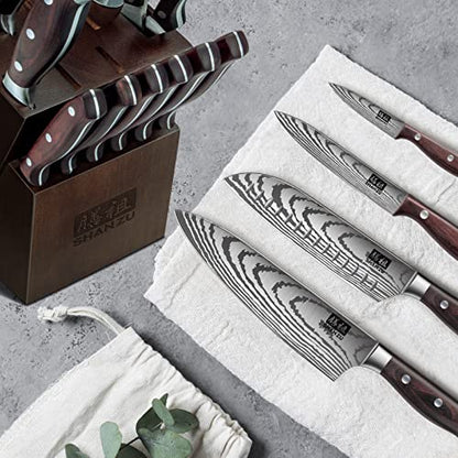 SHAN ZU Knife Set 16 pcs, Japanese Kitchen Knife with Block High Carbon Stainless Steel Ultra Sharp Knife for Kitchen, Professional Chef Knife Set with Sharpener - color: 16 PC KNIFE SET