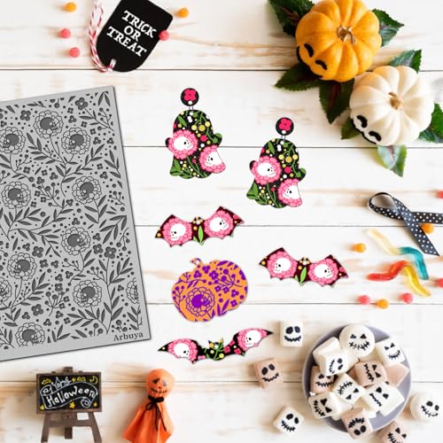 Polymer Clay Texture Mat - Halloween Floral Skull Texture Sheets for Polymer Clay Earrings or Jewelry Crafts Making - style: Skull and Flowers