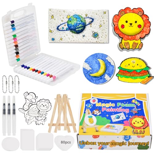 Abitoncc 80PCS Magic Foam Texture Painting Set for Christmas DIY Gift | 30 Pcs Foam Texture Paper, 12 Colors Brush Tip Acrylic Paint Markers, 3D Effect Drawing Canvas Sponge Craft