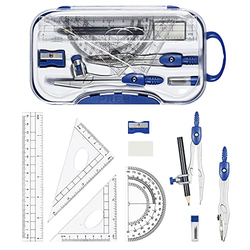 Unjoo Math Geometry Kit Sets 10 Piece Student Supplies with Shatterproof Storage Box,Includes Rulers,Protractor,Compass,Eraser,Pencil Sharpener,Lead Refills,Pencil,for Drafting and Drawings（Navy blue） - color: Navy Blue