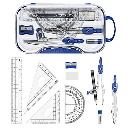 Unjoo Math Geometry Kit Sets 10 Piece Student Supplies with Shatterproof Storage Box,Includes Rulers,Protractor,Compass,Eraser,Pencil Sharpener,Lead Refills,Pencil,for Drafting and Drawings（Navy blue） - color: Navy Blue