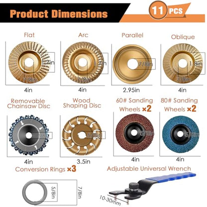 11PCS Wood Carving Disc Set for 4" or 4 1/2" Angle Grinder, Stump Tool Grinding Wheel Disc with 5/8" Adapter Ring, Woodworking Grinder Attachment for Cutting Shaping Carving Sanding Polishing