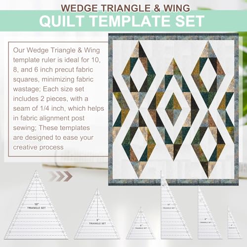 Kigley 3 Set Tall Triangle Rulers for Quilting 6 8 10 Inch Wedge Triangle & Wing Quilting Rulers and Templates Acrylic Quilt Templates for Sewing Layer Cake Patchwork Cutting Pattern DIY Craft - color: Clear