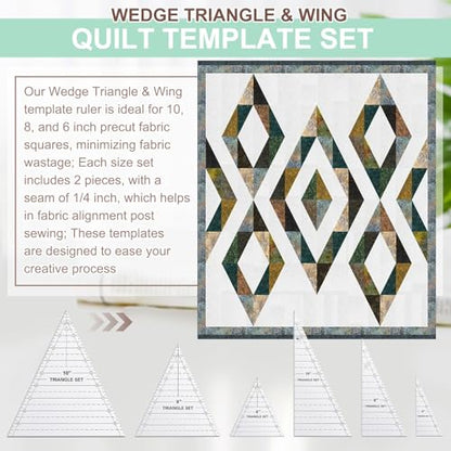 Kigley 3 Set Tall Triangle Rulers for Quilting 6 8 10 Inch Wedge Triangle & Wing Quilting Rulers and Templates Acrylic Quilt Templates for Sewing Layer Cake Patchwork Cutting Pattern DIY Craft - color: Clear