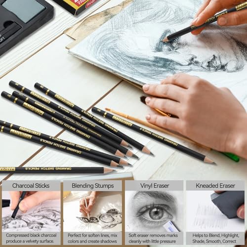 PANDAFLY Drawing Sketching Pencil Set, 26 Piece, 4H-14B Graphite Pencils | Charcoal Pencils & Sticks, Vinyl & Kneaded Erasers, Sharpener & Blending Stump, Artist Pencils for Artists and Beginners