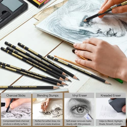 PANDAFLY Drawing Sketching Pencil Set, 26 Piece, 4H-14B Graphite Pencils | Charcoal Pencils & Sticks, Vinyl & Kneaded Erasers, Sharpener & Blending Stump, Artist Pencils for Artists and Beginners