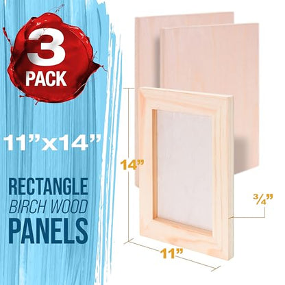 U.S. Art Supply 11" x 14" Unfinished Cradled Wood Panels for Painting, Studio 3/4" Deep (3 Pack) - Artist Depth Birch Wooden Wall Canvases - Mixed-Media Craft, Acrylic, Oil, Encaustic, Paint Pouring - size: 11" x 14"