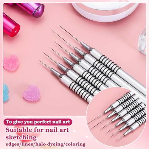 6Pcs Nail Art Liner Brushes Set, Fine Drawing Painting Details Design Striping Brush With Gel Polish Acrylic Handle Gifts Manicure Tools DIY Sizes 5/7/9/11/15/25mm, Silver - color: Sliver