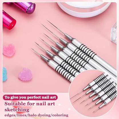 6Pcs Nail Art Liner Brushes Set, Fine Drawing Painting Details Design Striping Brush With Gel Polish Acrylic Handle Gifts Manicure Tools DIY Sizes 5/7/9/11/15/25mm, Silver - color: Sliver