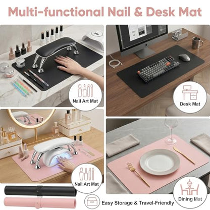 2 PCS Nail Art Table Mat, Soft Microfiber PU Leather Nail Pad, Foldable Nail Art Rest Pad, Reusable Nail Mat for Table Desk, Acrylic Nail Desk Mat for Nail Cushion(Pink+Black) - color: Black and Pink