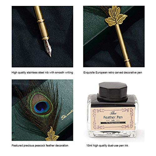 Feather Quill Pen Ink Set-Vintage Peacock Feather Pen with Holder,5pc Metal Pen Nib Writing Calligraphy Pen Set for Beginner