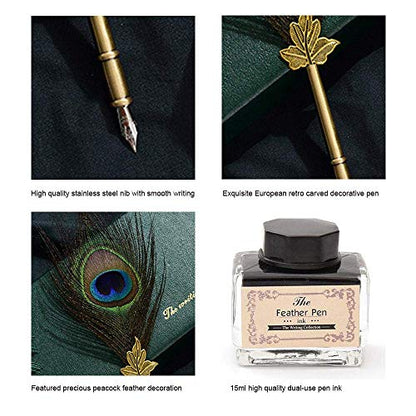 Feather Quill Pen Ink Set-Vintage Peacock Feather Pen with Holder,5pc Metal Pen Nib Writing Calligraphy Pen Set for Beginner