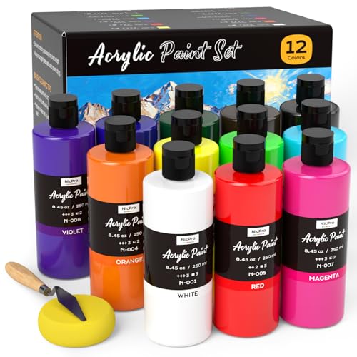 Nicpro 12 Colors Large Bulk Acrylic Paint Set (8.45 oz,250 ml) Rich Art Painting Supplies, Non Toxic for Multi Surface Rock Canvas Wood Ceramic Leather Fabric Craft, for Adult with Color Wheel - color: 12 Colors, size: 8.45 Fl Oz (Pack of 12)