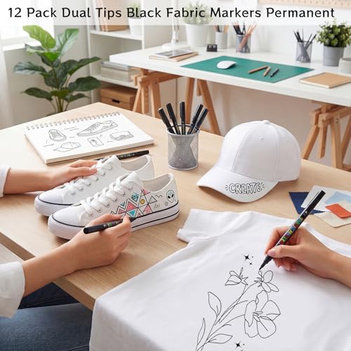 Thboxes Black Fabric Markers, 12 Pack Permanent Markers for Clothes Dual Tip Brush & Fine 1-5mm, Quick Dry Fabric Pen for T-Shirts Hats Tote Bags Canvas Shoes Sneakers